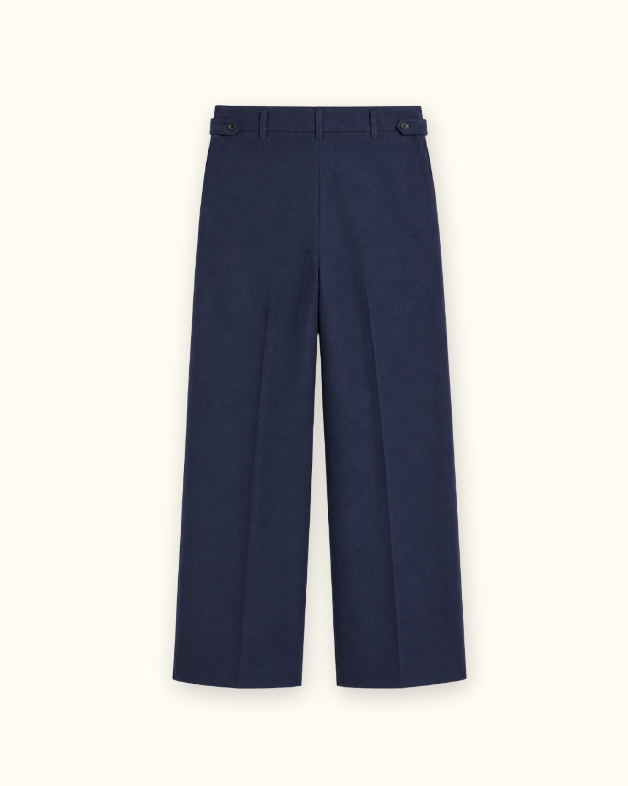 Pantaloni in lino straight leg blu navy, vista posteriore, con pince e linea dellstraight leg