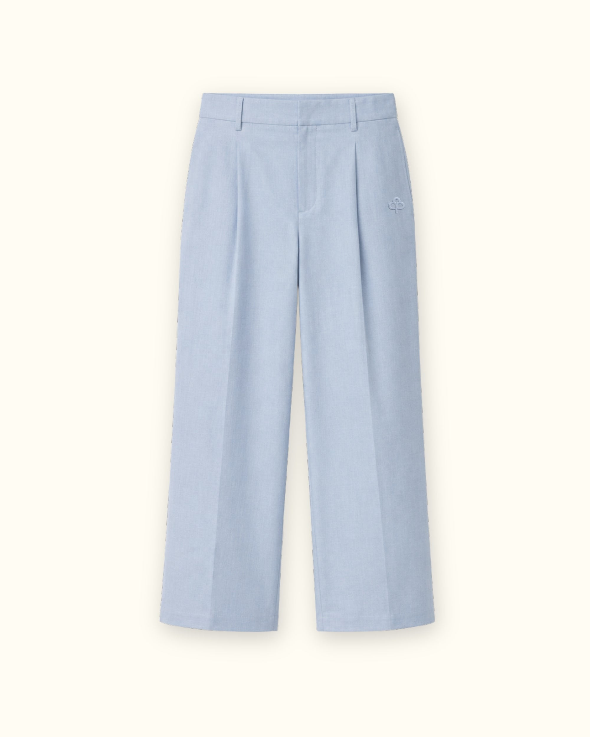 Pantaloni in lino straight leg azzurri, vista frontale, con pince e linea dellstraight leg