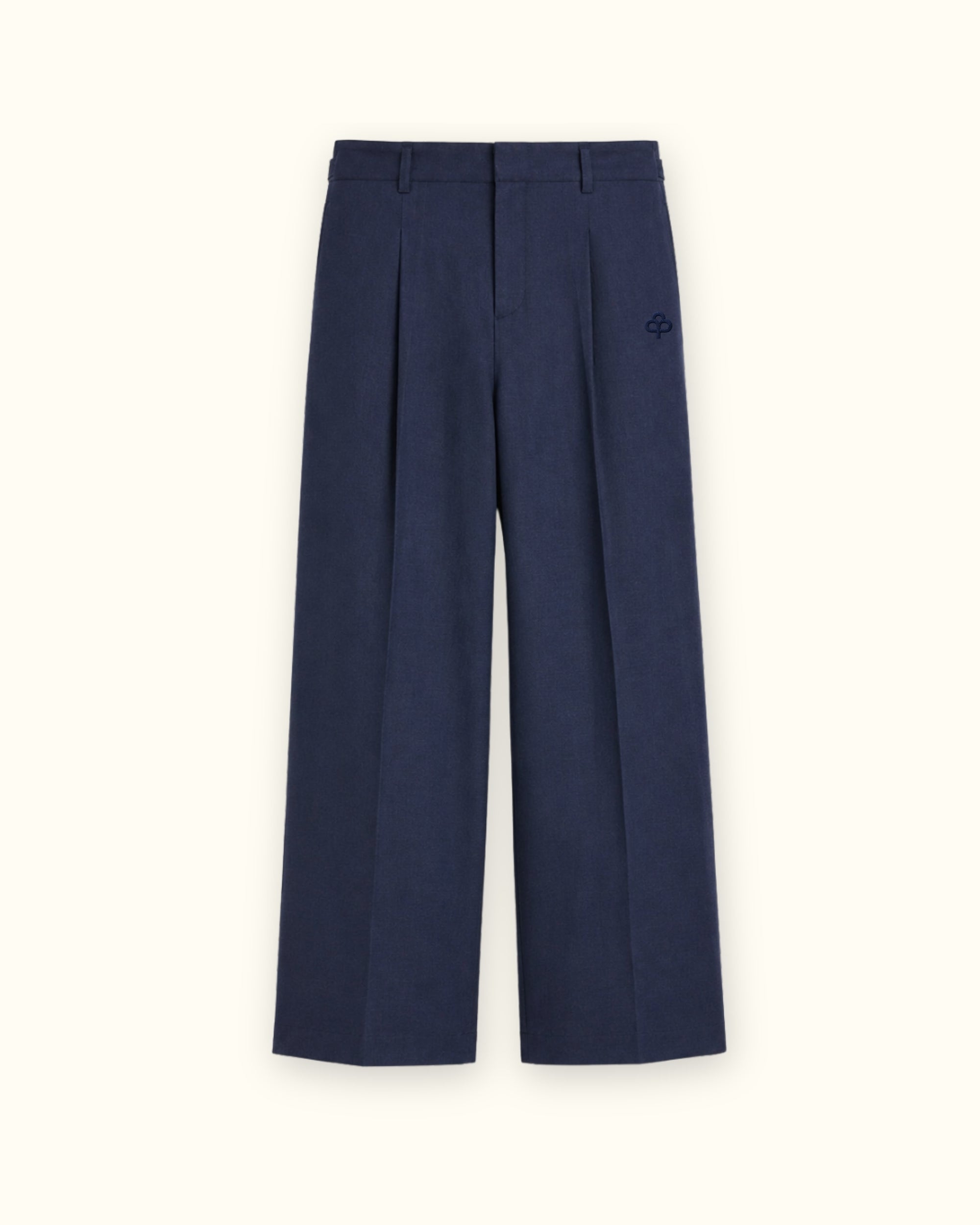 Pantaloni in lino straight leg blu navy, vista frontale, con pince e linea dellstraight leg