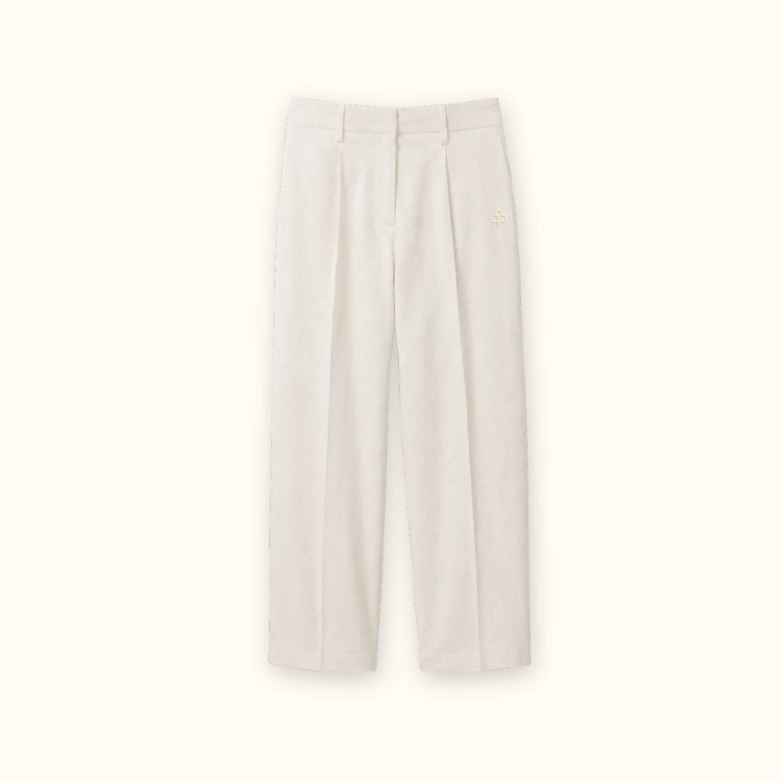 Straight Leg Linen Pants in Off White, front view, showing pleats and straight leg shape