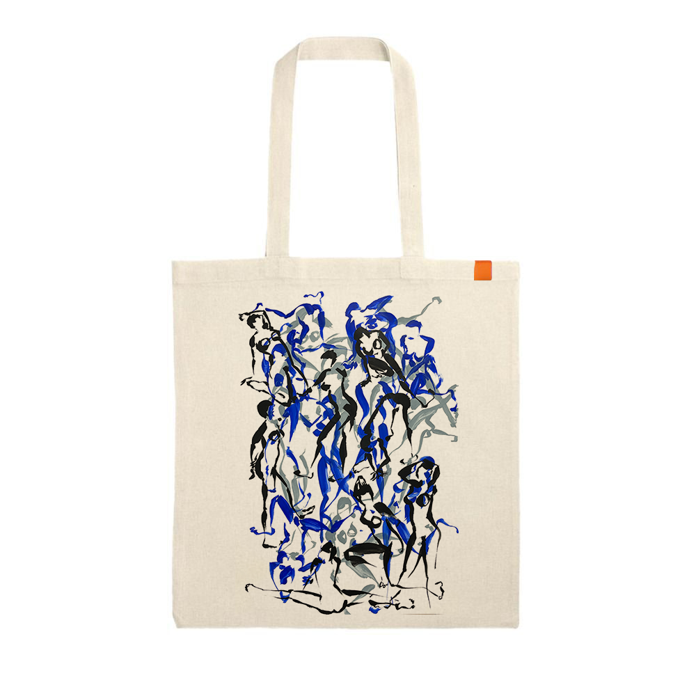 Organic cotton tote bag with abstract blue and black artwork design.