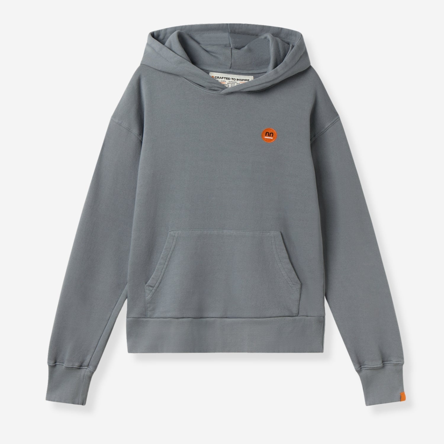 Grey hoodie with small orange Pamuuc isotope logo on the front.