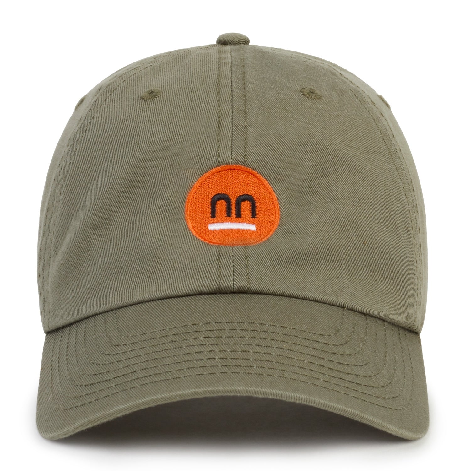 Front view of a khaki baseball cap with the orange Pamuuc logo embroidered on the front.