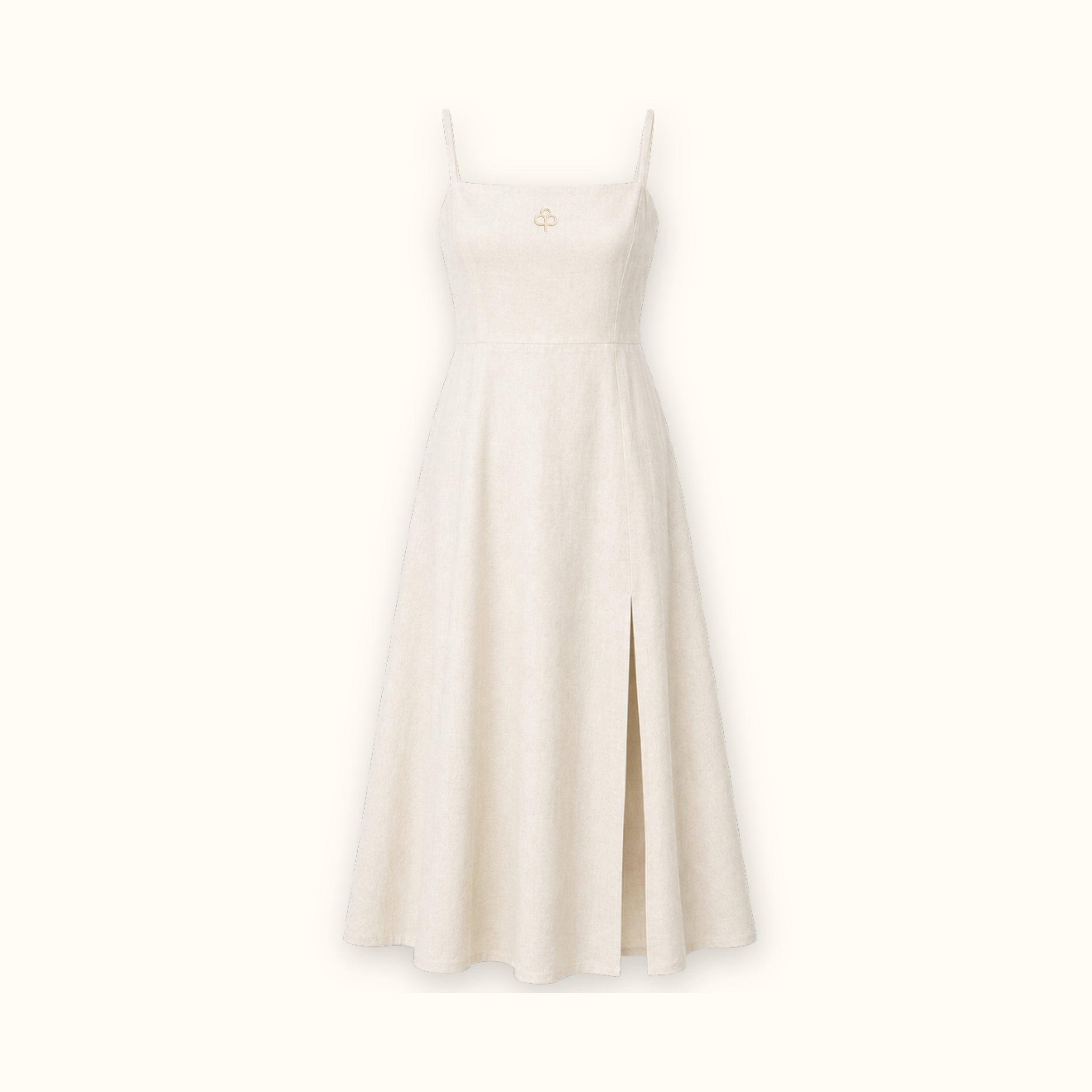 Vestito midi in lino Off White, vista frontale, con scollo e silhouette del vestito