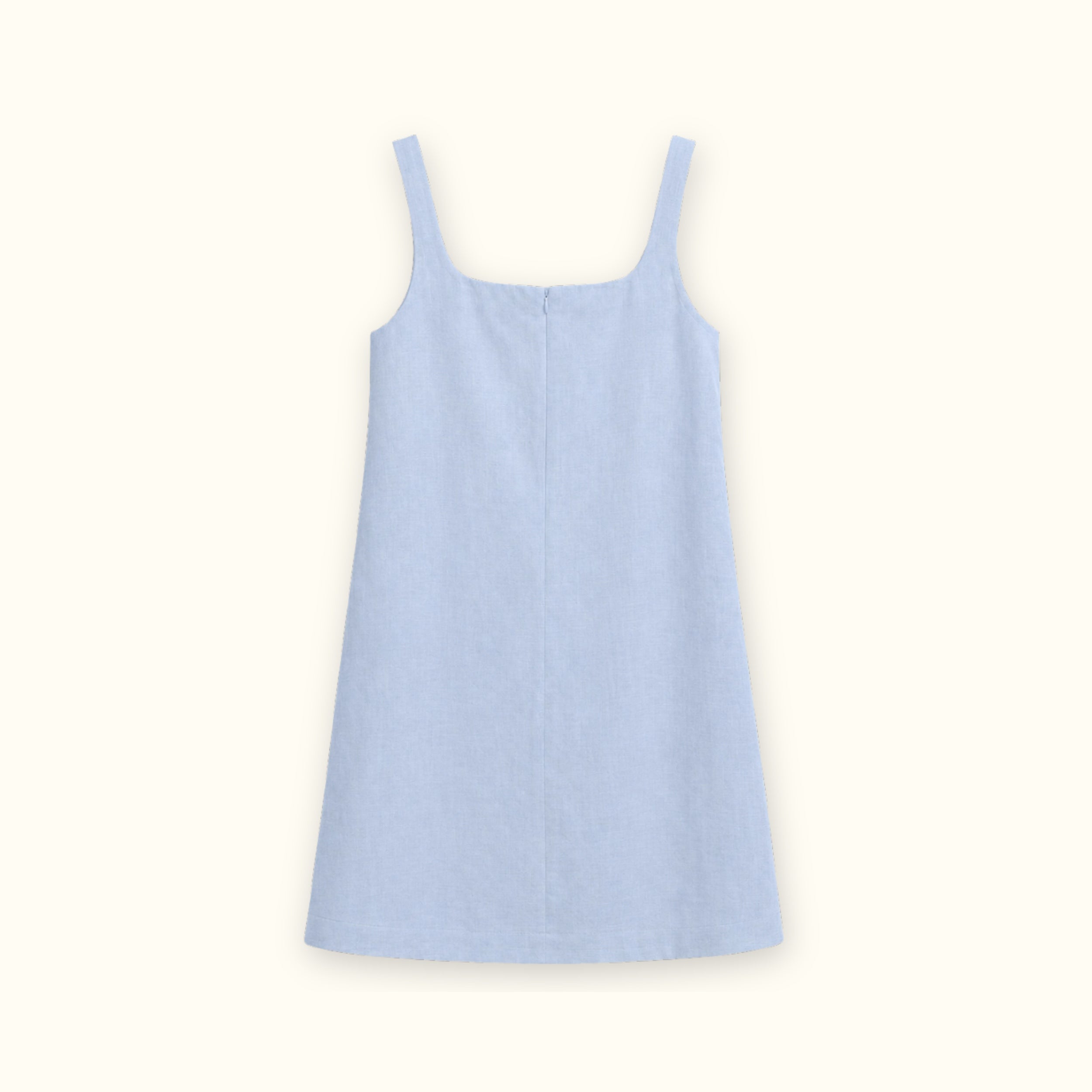 Linen Mini Dress in Light Blue, back view, showing neckline and dress silhouette