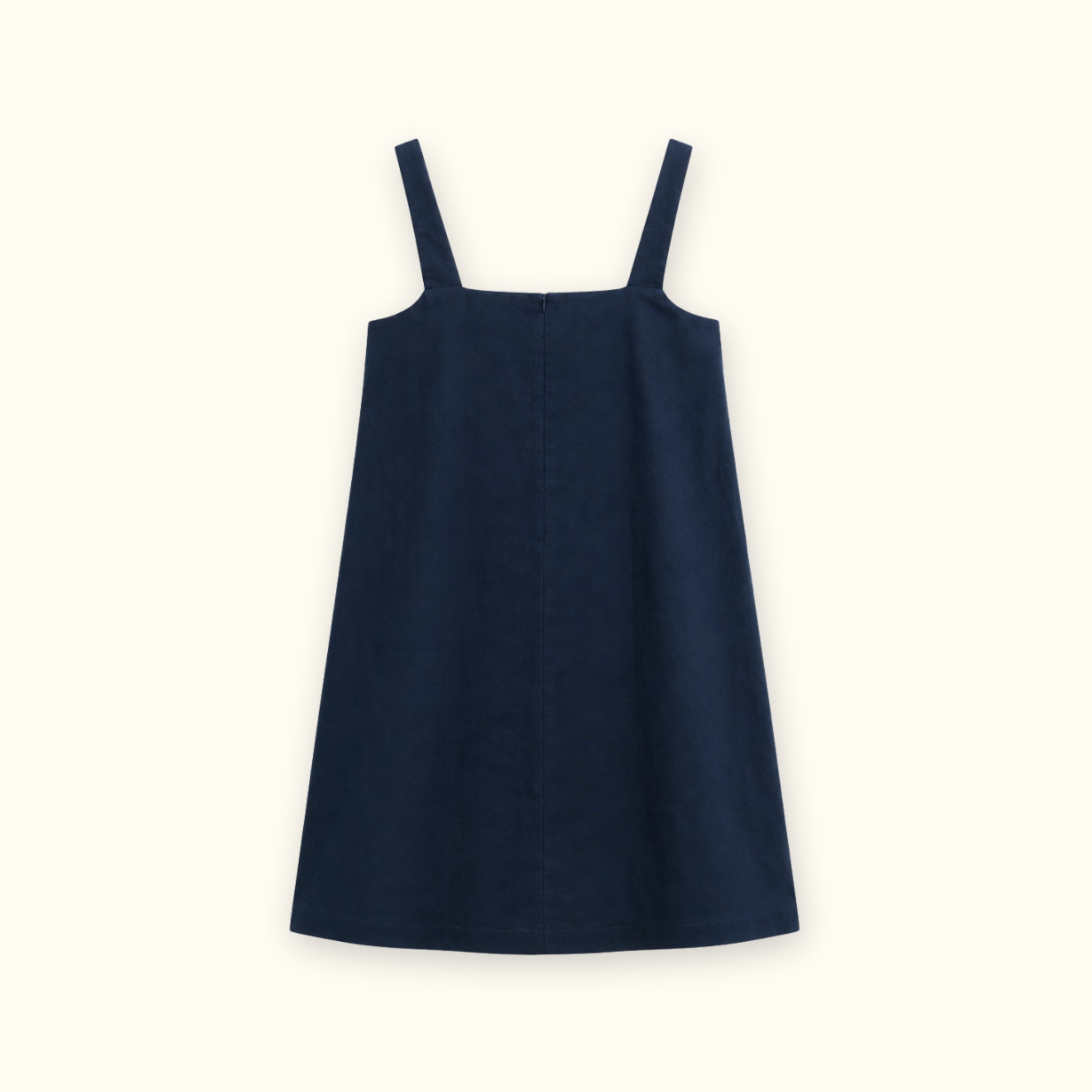 Mini-Leinenkleid in Marineblau, Rückansicht, mit Ausschnitt und Kleidersilhouette