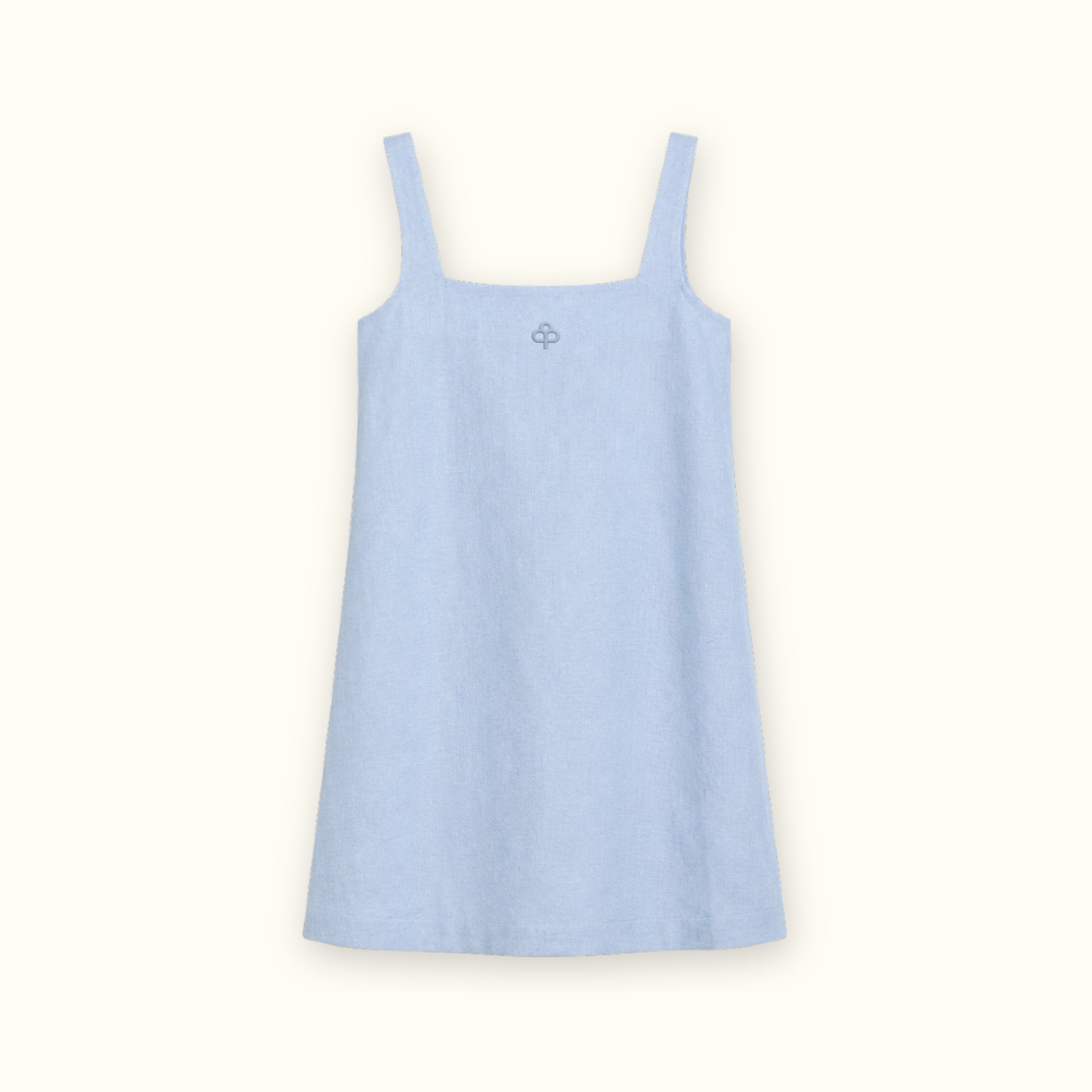 Linen Mini Dress in Light Blue, front view, showing neckline and dress silhouette