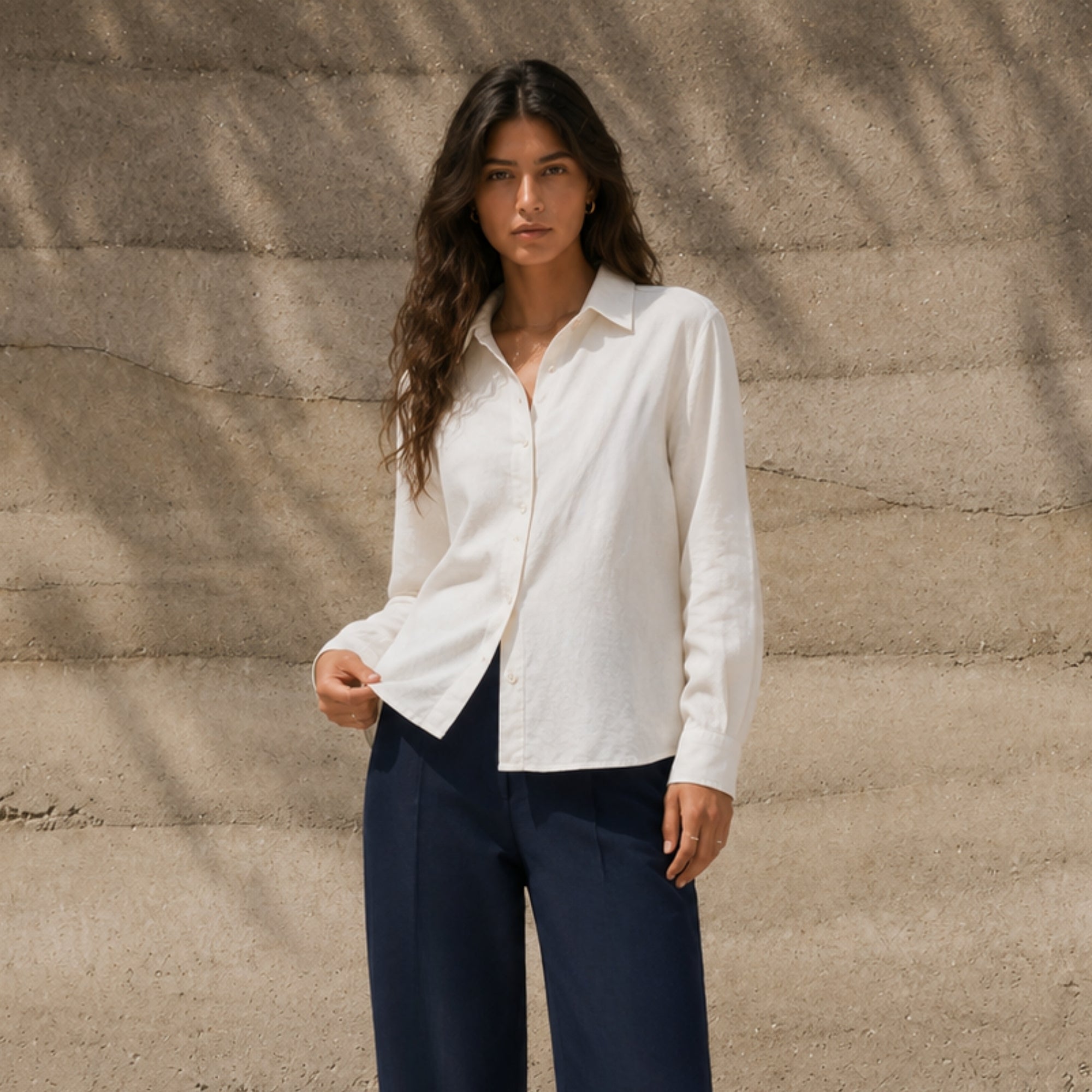 Regular Fit Linen Shirt in Off White, lifestyle view 1, showing collar, hem and relaxed tailoring