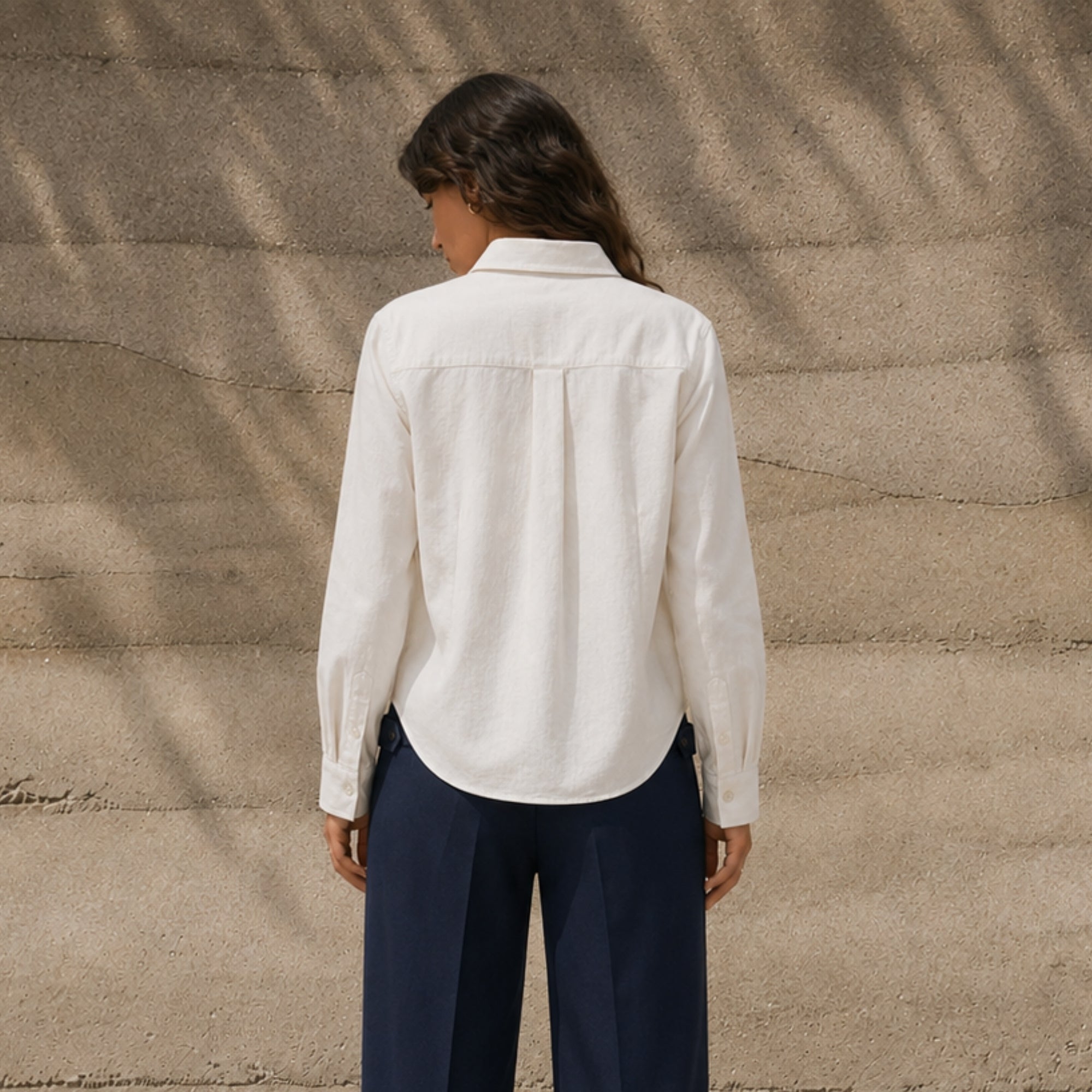 Regular Fit Linen Shirt in Off White, lifestyle view 4, showing collar, hem and relaxed tailoring