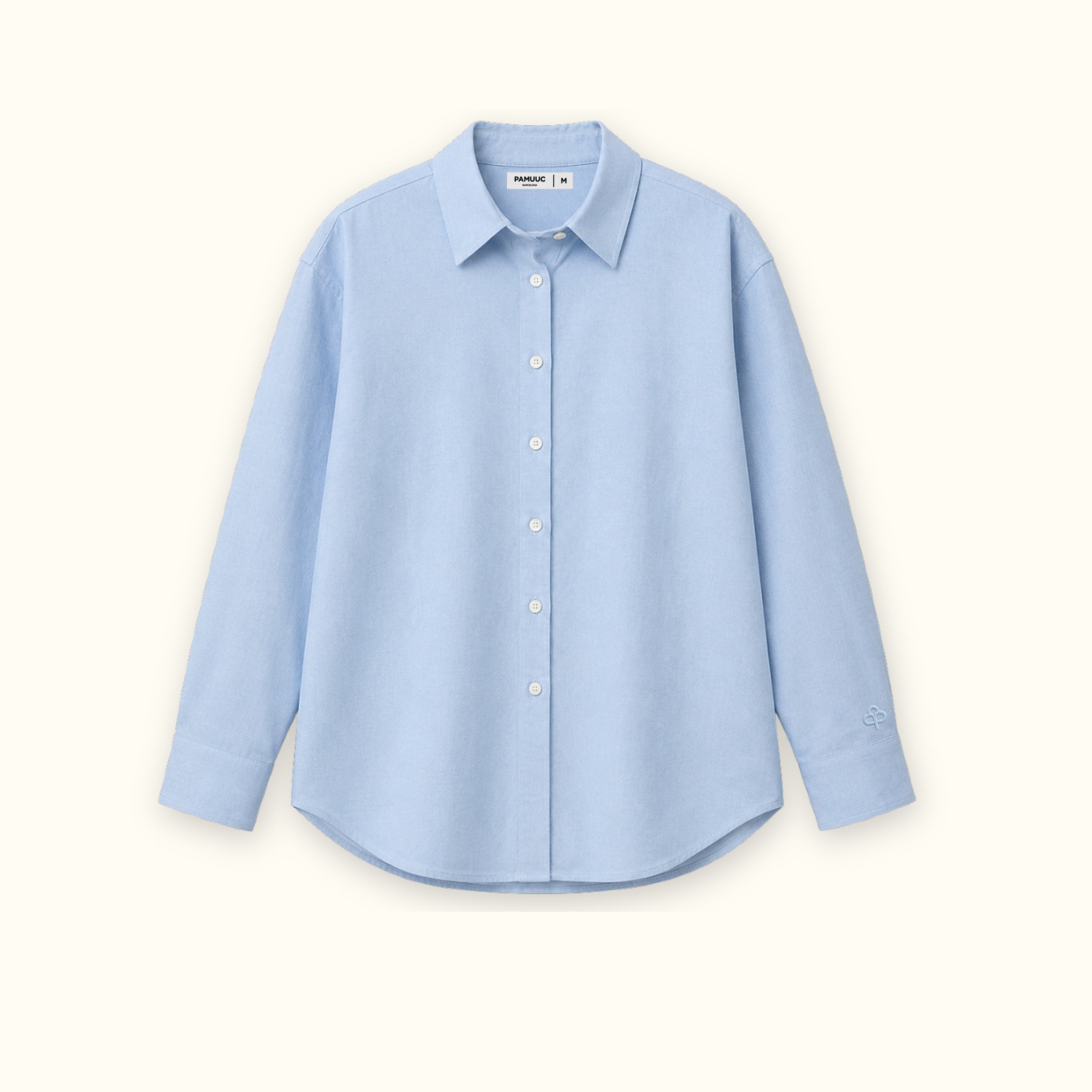 Medium Fit Oxford Shirt in Light Blue, front view, showing collar, hem and relaxed tailoring