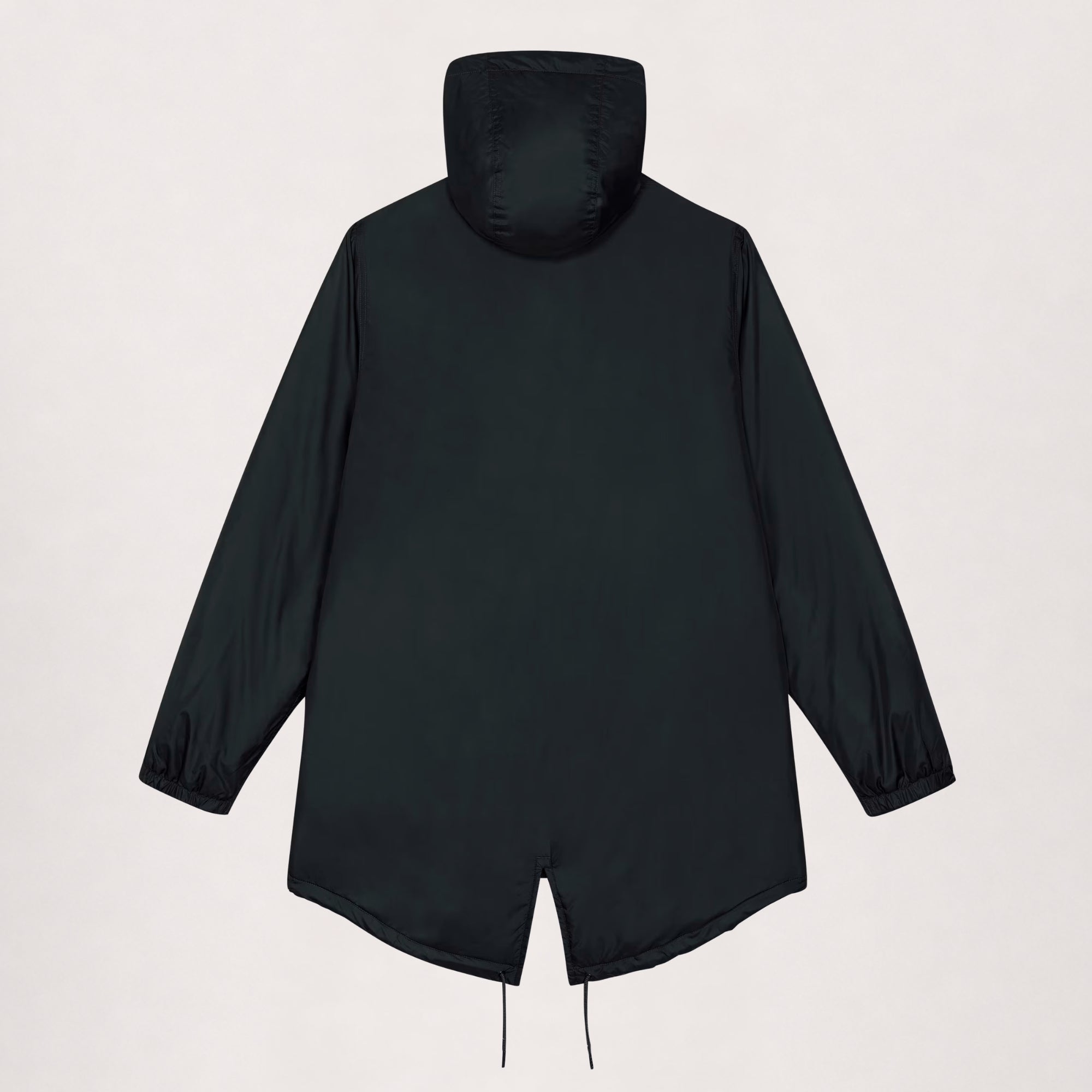 Padded parka in black, flat lay back view with fishtail hem and drawcord