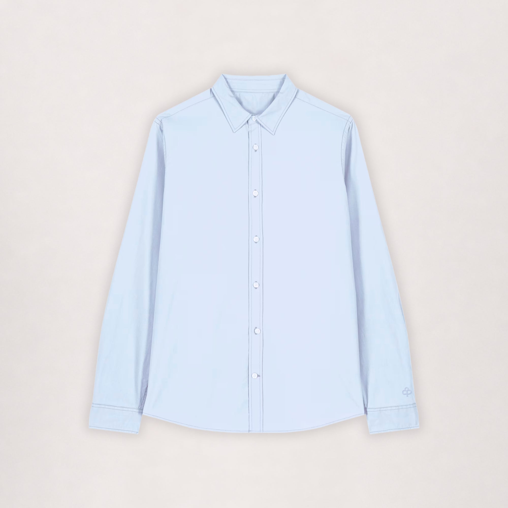 Poplin shirt in light blue, flat lay front view with buttoned cuffs