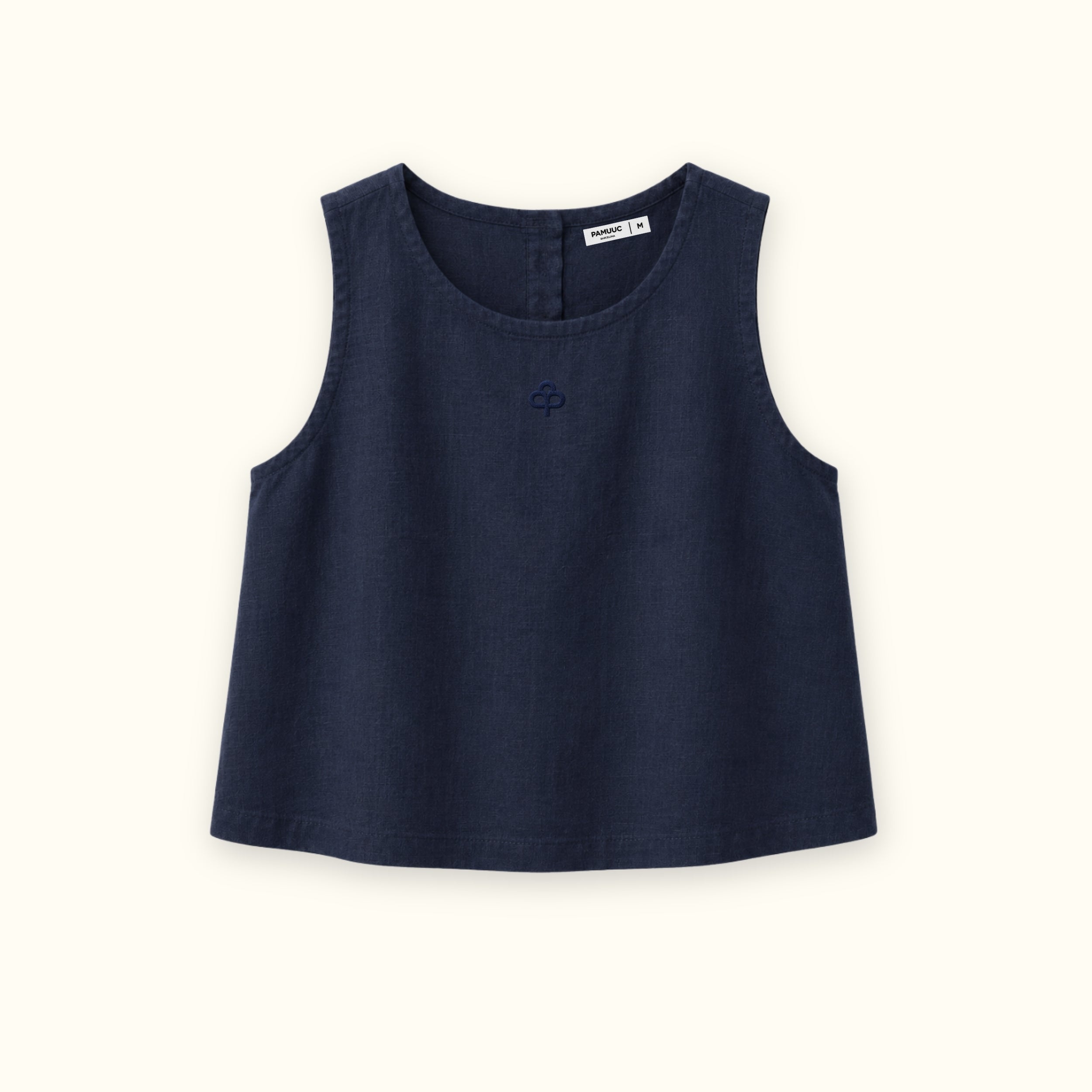 Sleeveless Linen Top in Navy Blue, front view, showing neckline and sleeveless shape