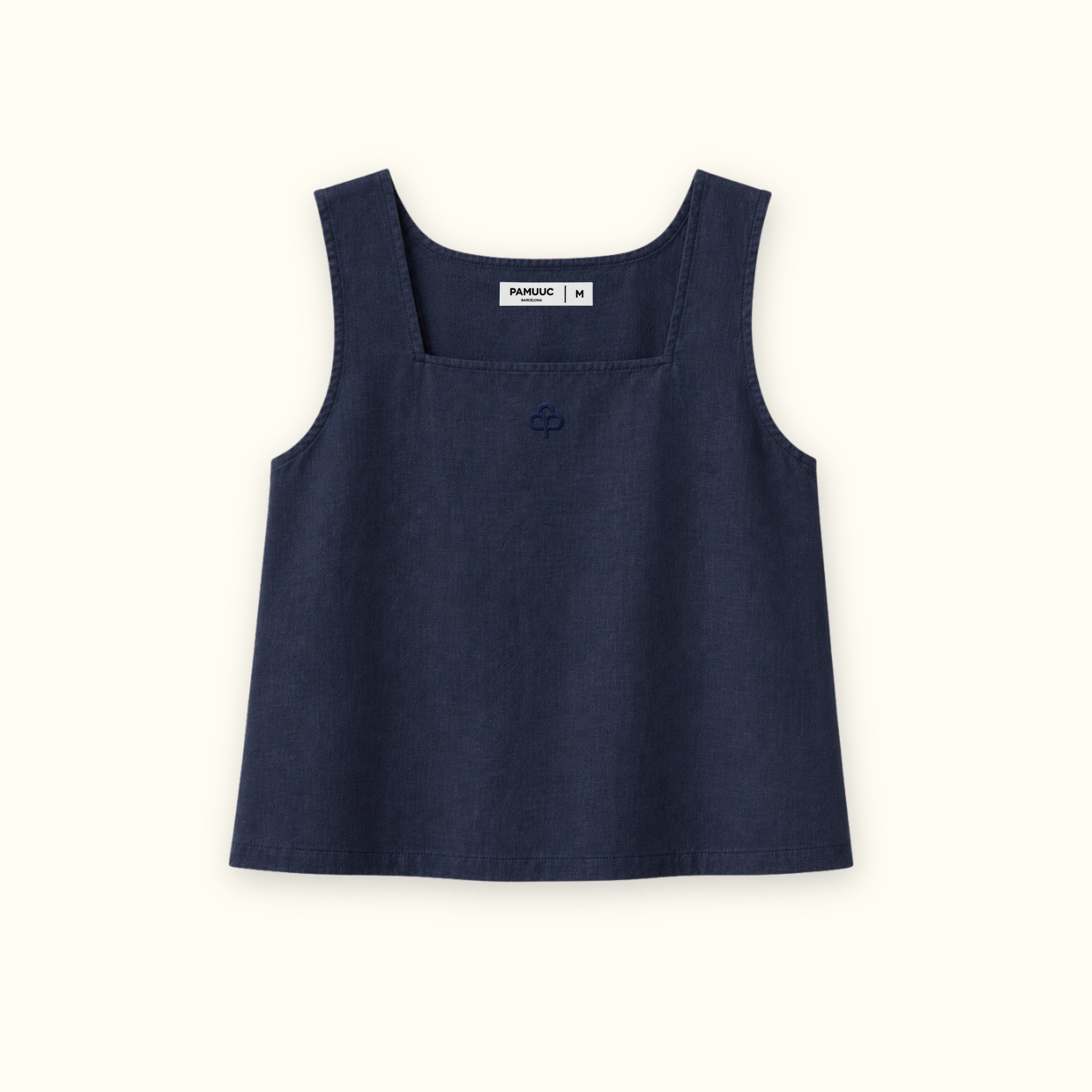 Square Neck Linen Top in Navy Blue, front view, showing neckline and sleeveless shape