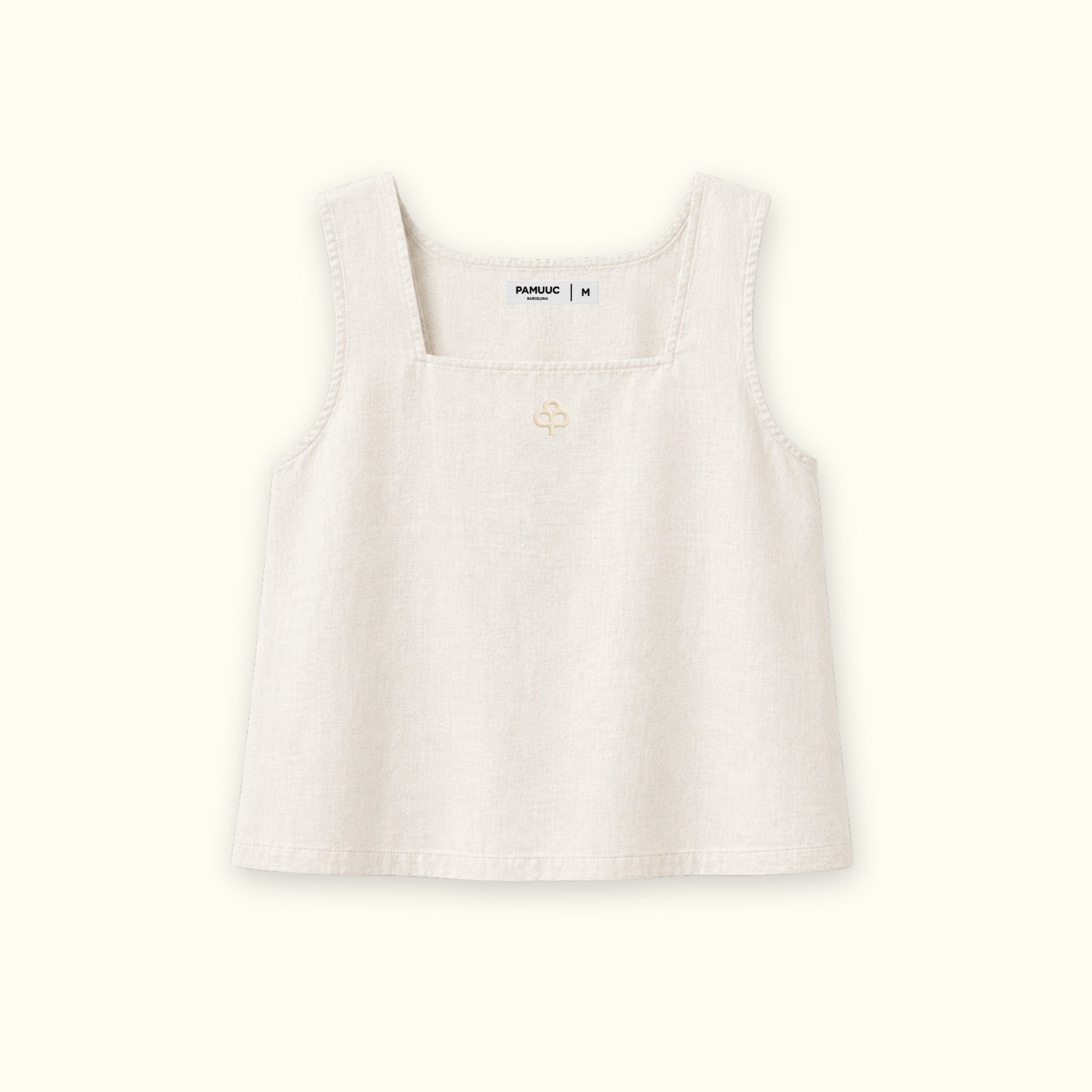 Square Neck Linen Top in Off White, front view, showing neckline and sleeveless shape