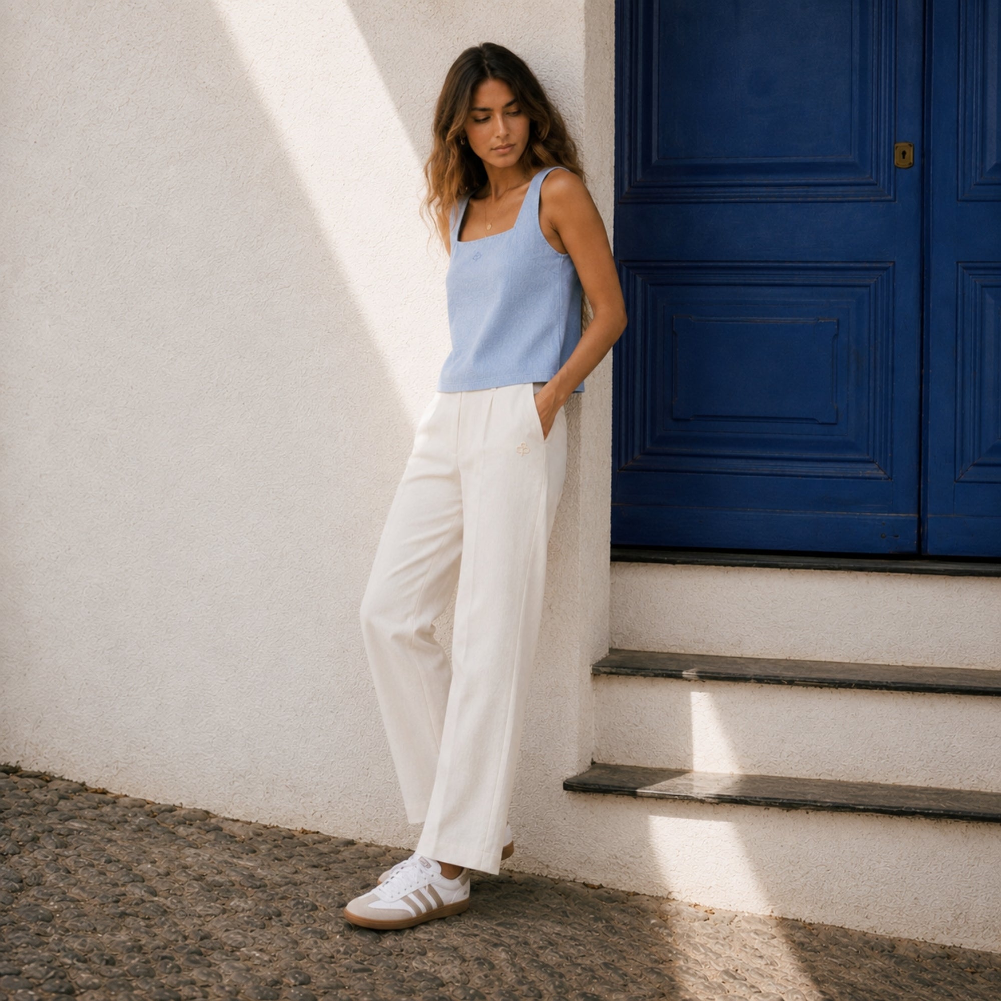 Square Neck Linen Top in Light Blue, lifestyle view 2, showing neckline and sleeveless shape