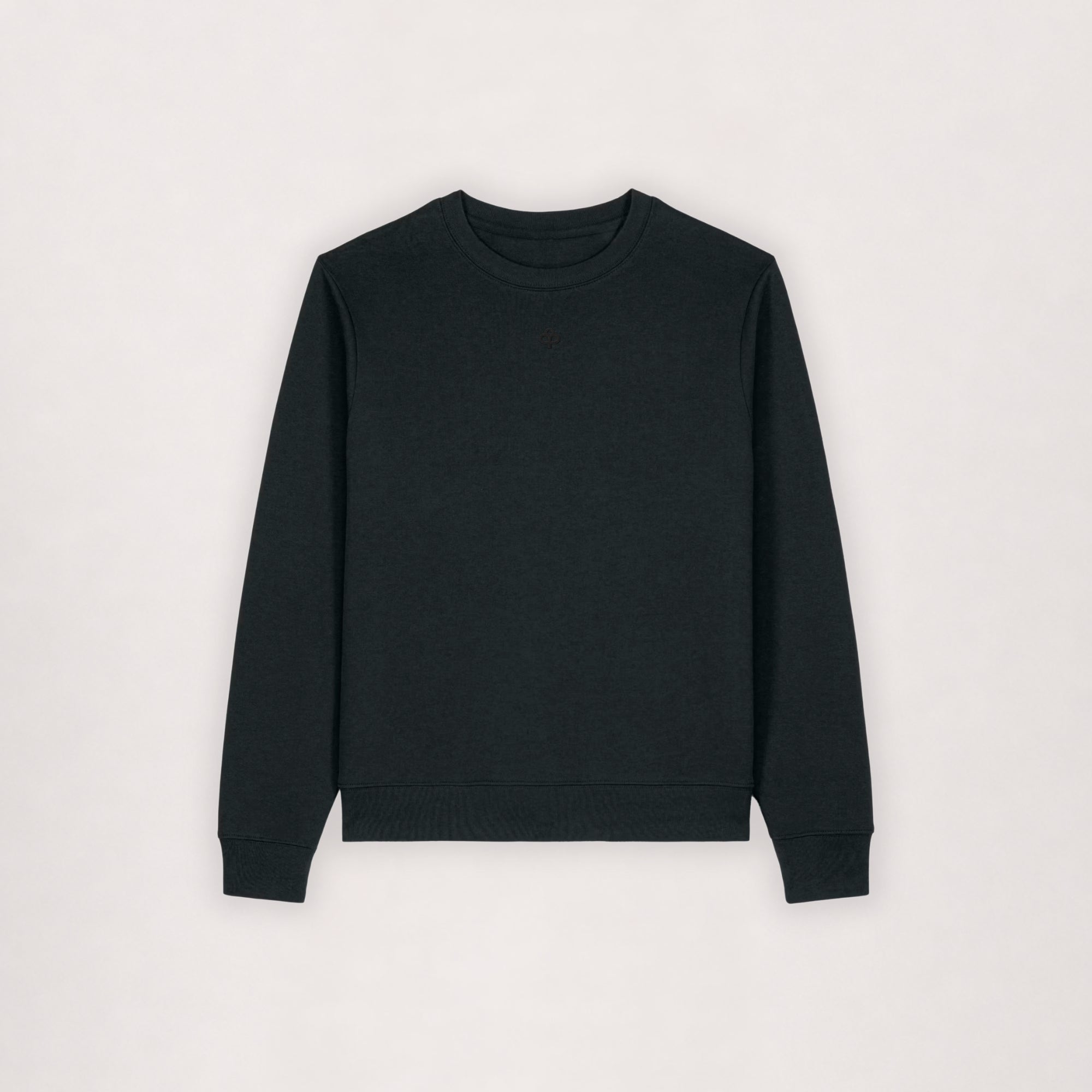 Cotton sweatshirt in black, flat lay front view with ribbed neckband