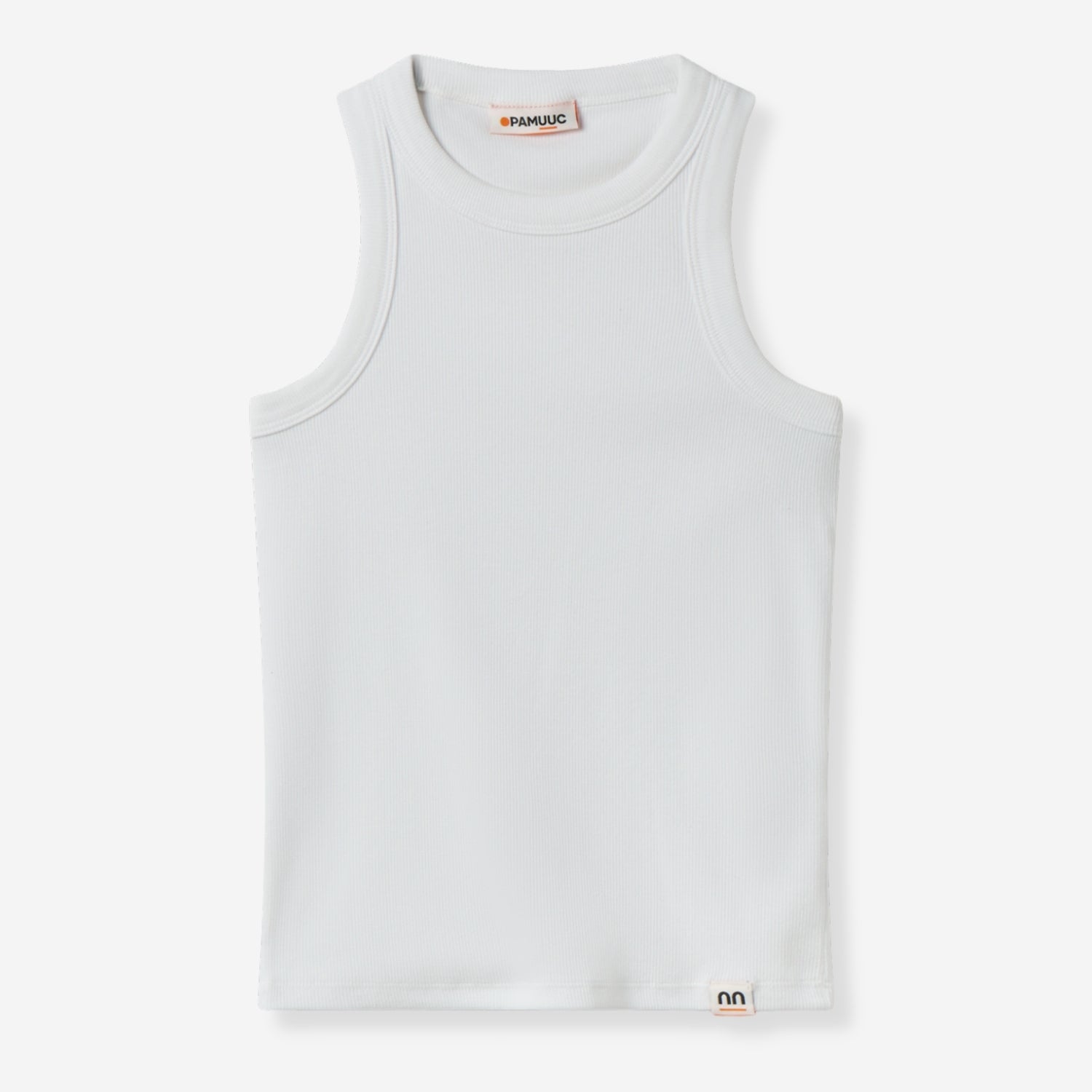 Front view of a crisp white tank top with clean lines, complemented by a small Pamuuc label at the bottom left.