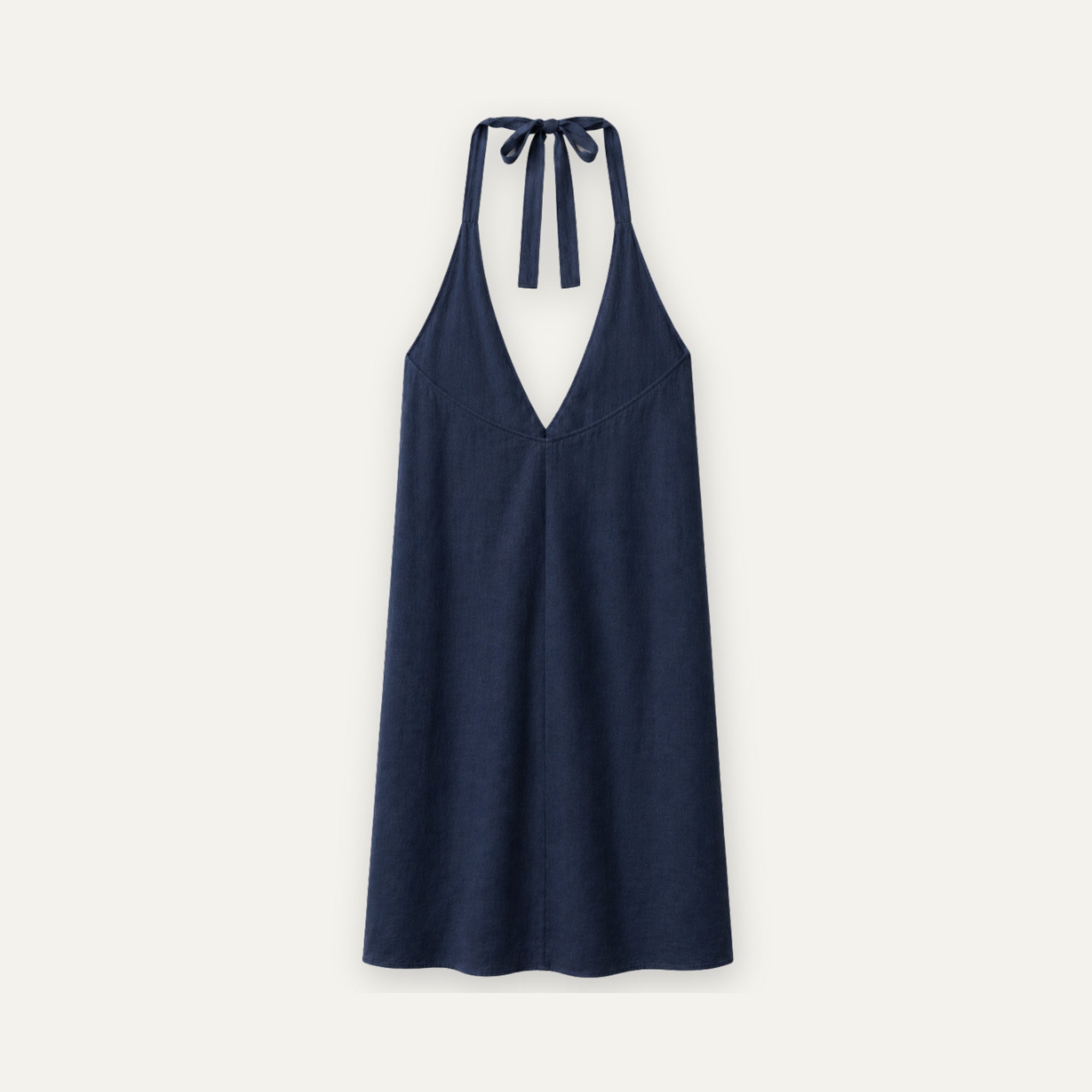 Linen Halter Dress in Navy Blue, back view, showing neckline and dress silhouette