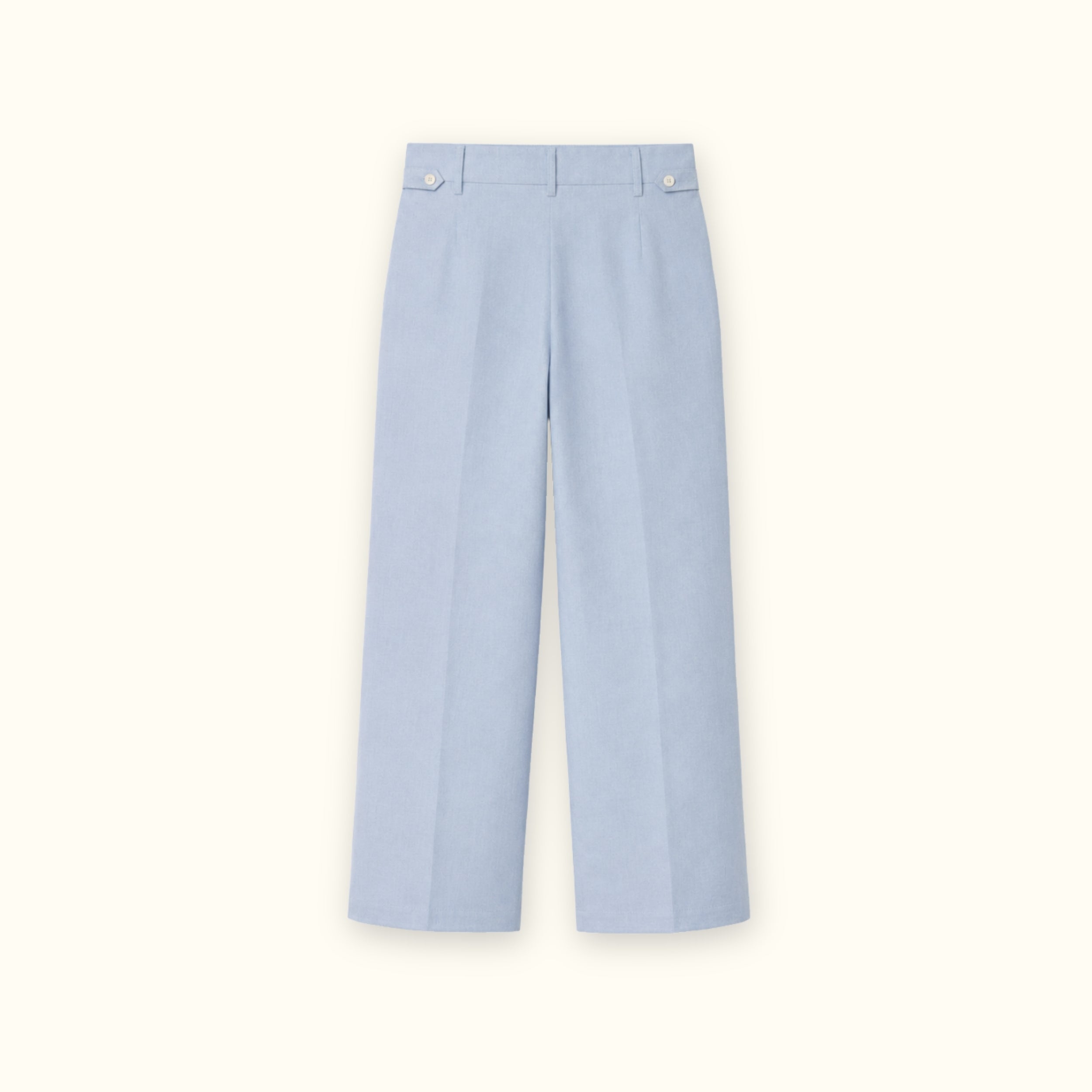 Straight Leg Linen Pants in Light Blue, back view, showing pleats and straight leg shape