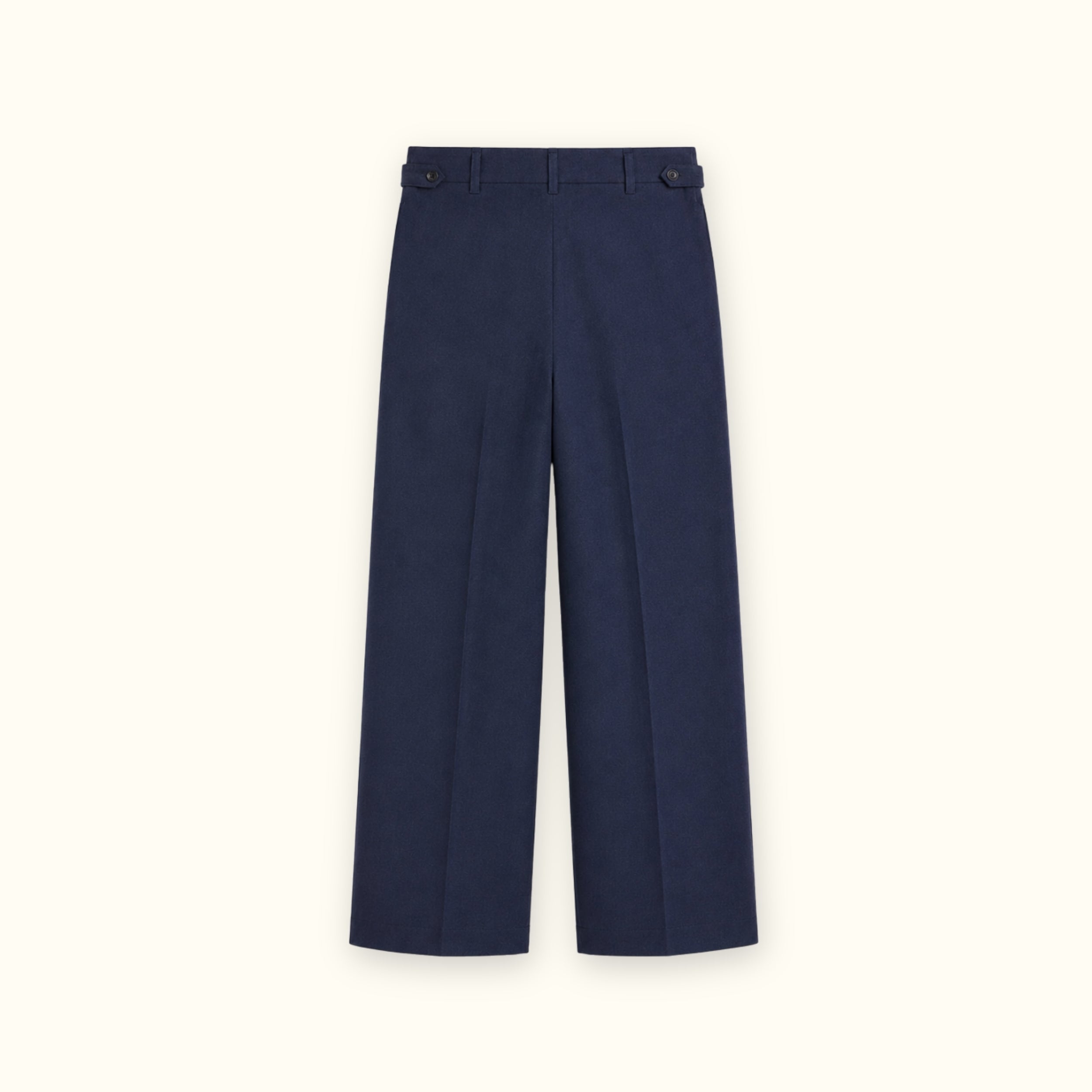 Straight Leg Linen Pants in Navy Blue, back view, showing pleats and straight leg shape