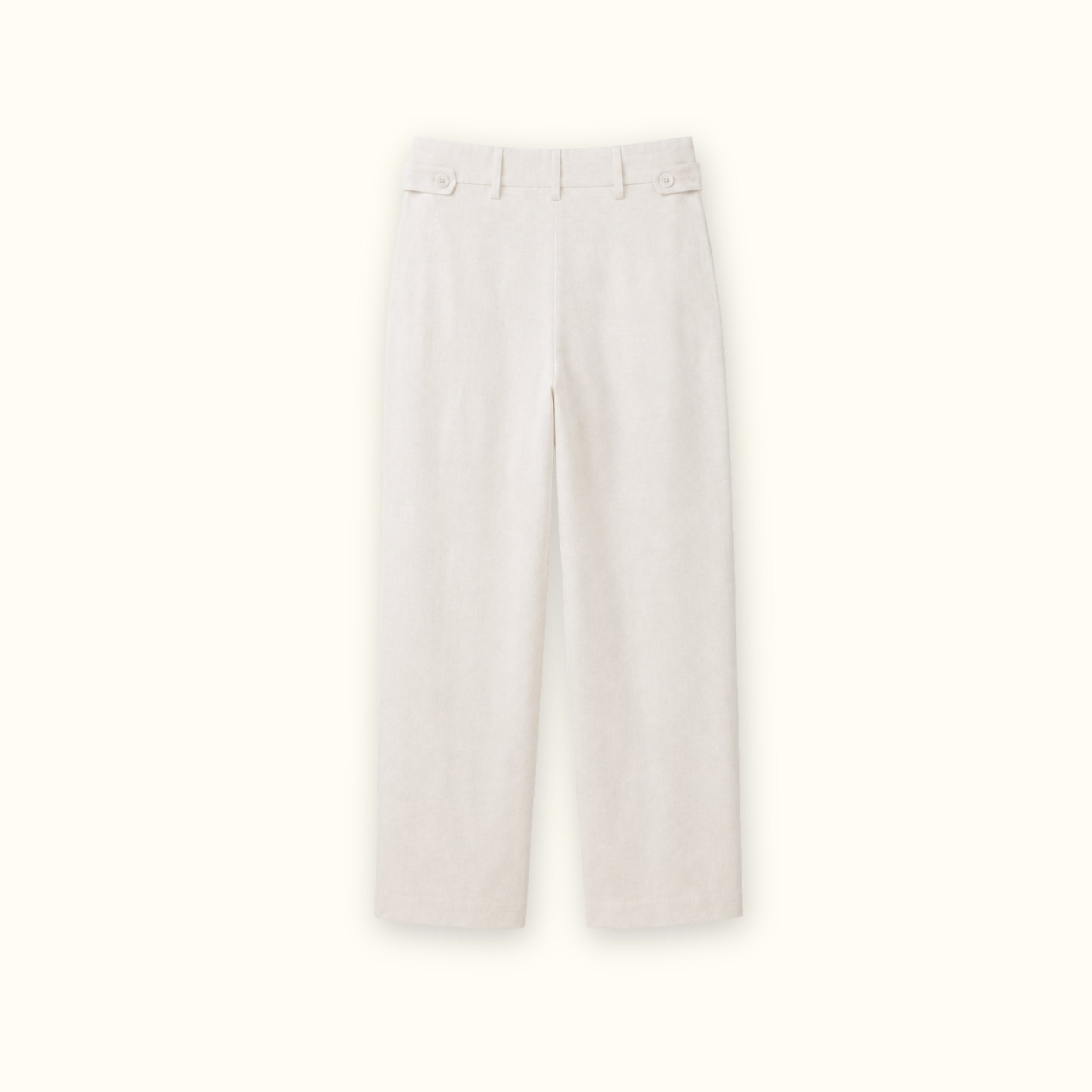 Straight Leg Linen Pants in Off White, back view, showing pleats and straight leg shape